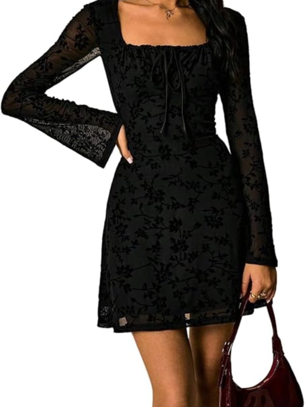 Women's Gothic Floral Mini Dress Tie Front Lace Long Sleeve Square Neck A Line F